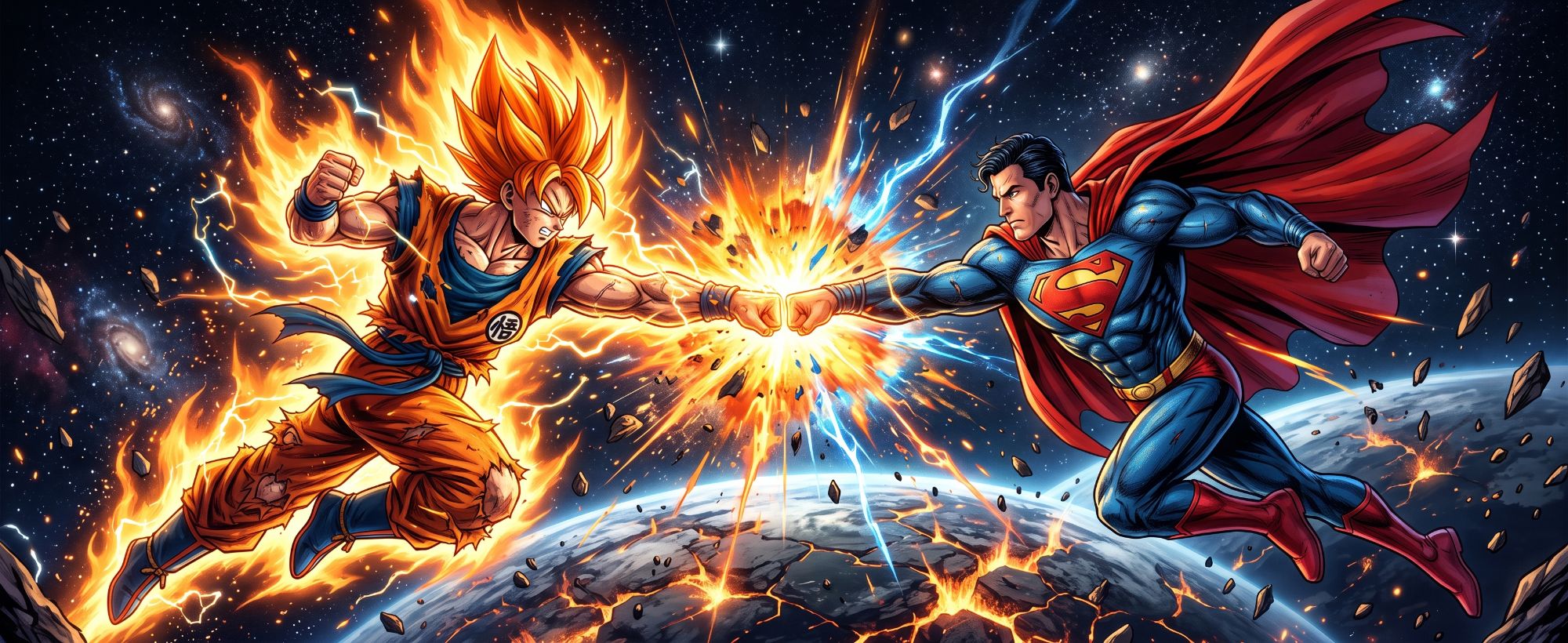 Goku and Superman clash fists above a cracked planet